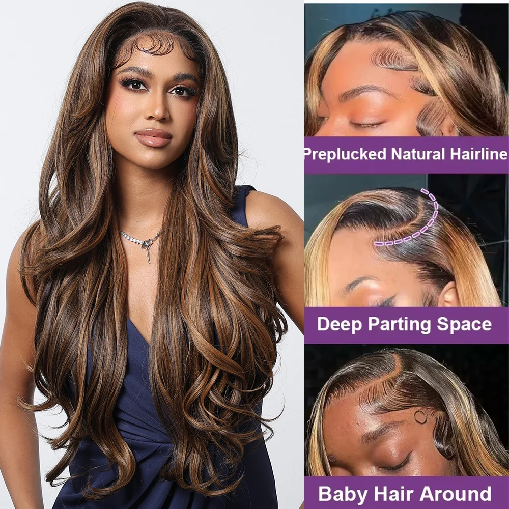 Highlight Brown Blonde Body Wave Afro Synthetic Wigs 13*6 Transparent Lace Frontal Wigs for Black Women Brazilian Loose Wave Wig synthetic wigs