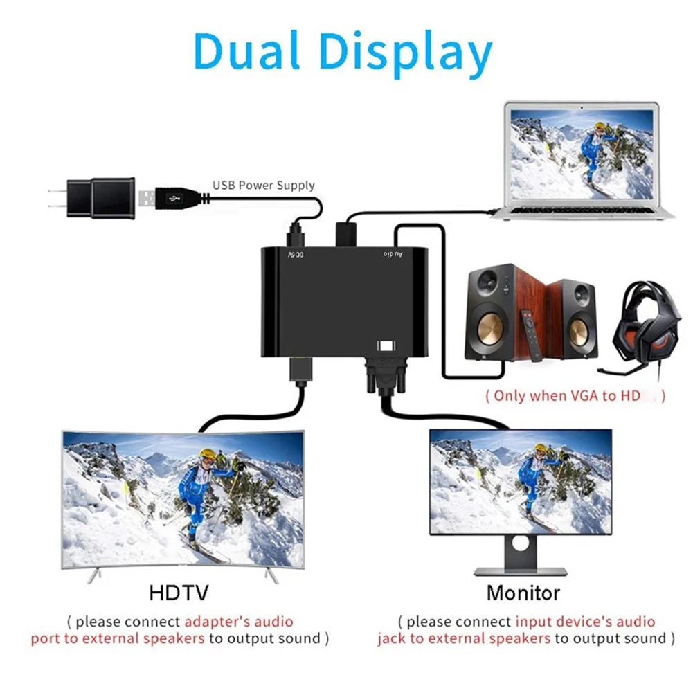 프로젝터용 VGA to HDMI 호환 어댑터, HDTV 프로젝터, 3.5mm 오디오 잭, VGA 컨버터 스플리터, 3 in 1 VGA to HDMI 호환 어댑터