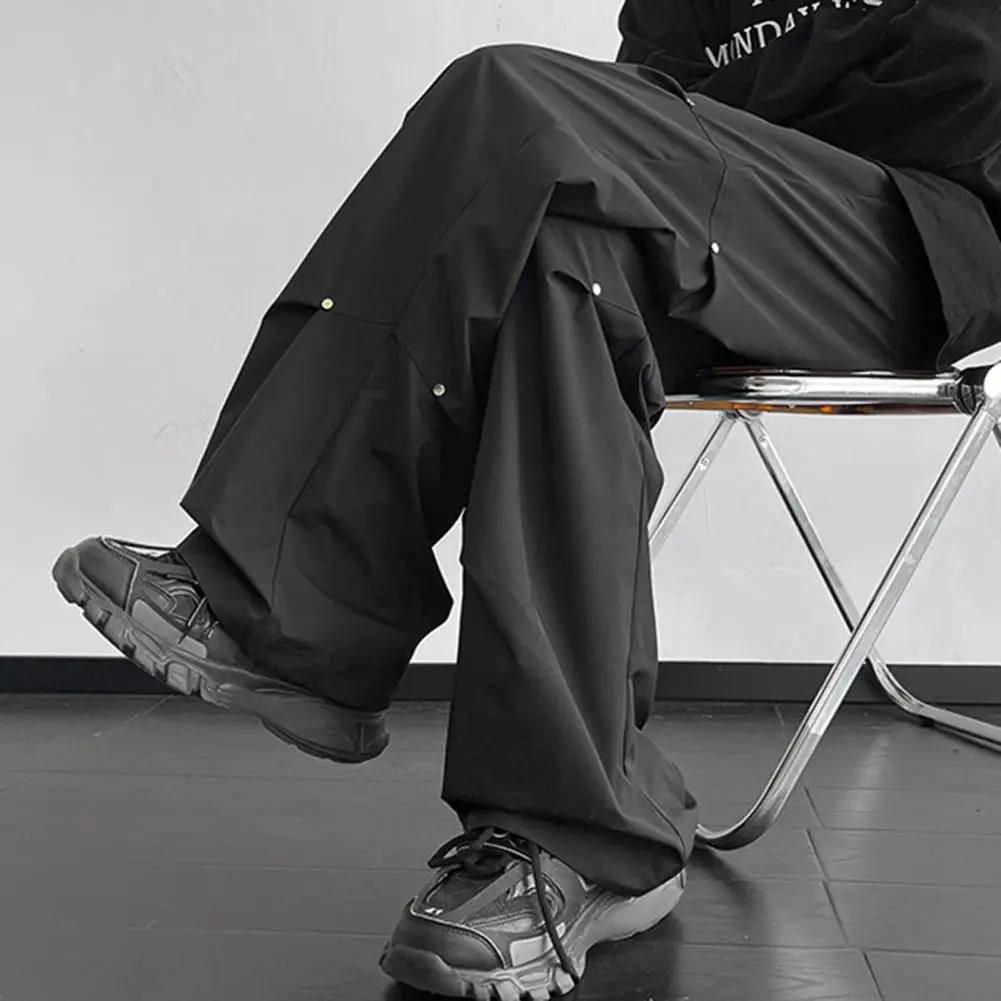 Solid Color Men Trousers Men Straight-leg Pants Stylish Unisex Cargo Pants with Rivet Decor Wide Loose Fit for Streetwear