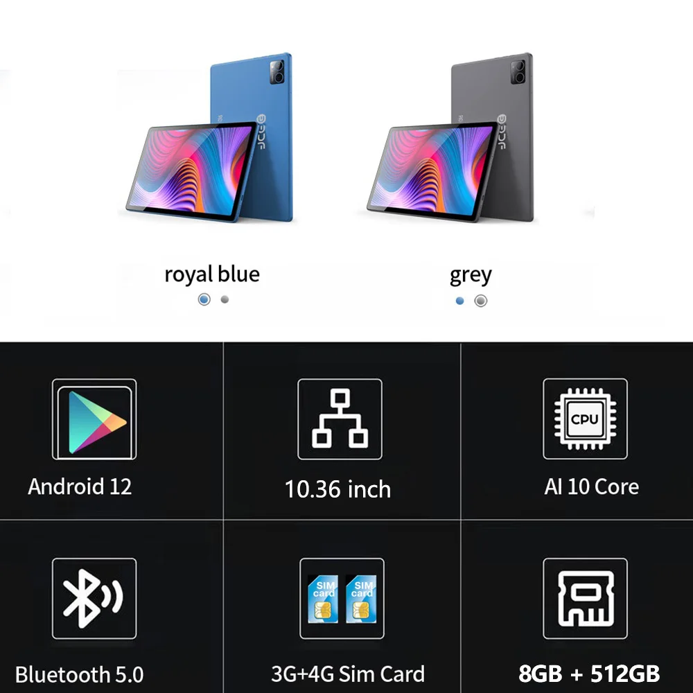 New 10.36 Inch Android Tablets 10 Core Dual WiFi 8GB RAM 512GB ROM 2K HD Display 4G LTE Network Google Play Tablet PC 8000mAh 3