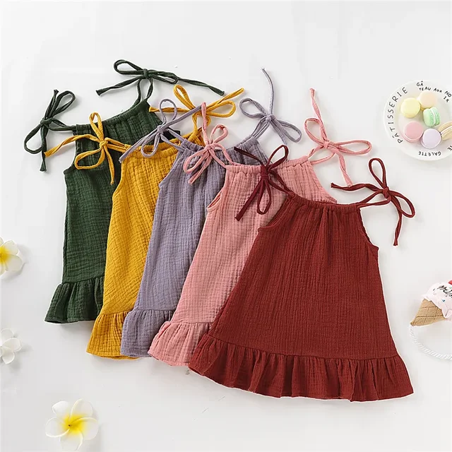 Robe d'été respirante en coton pour filles de 1 à 5 ans, jupe ajustable, couleur unie, vêtements de plage, 03/Casual 1