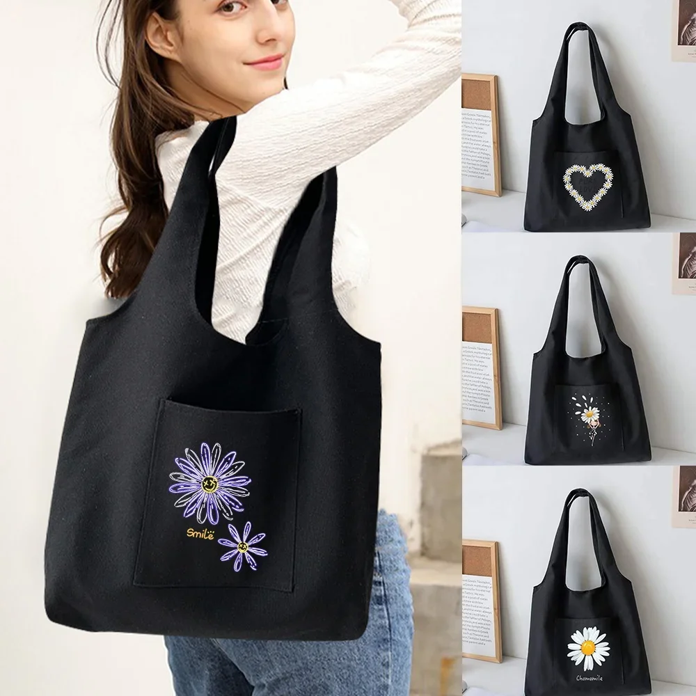 

Shoulder Bag Reusable Shopping Bag Women Organizer Bags Canvas Tote Bags Newcute Daisy Print Series Casual Supermarket Handbags