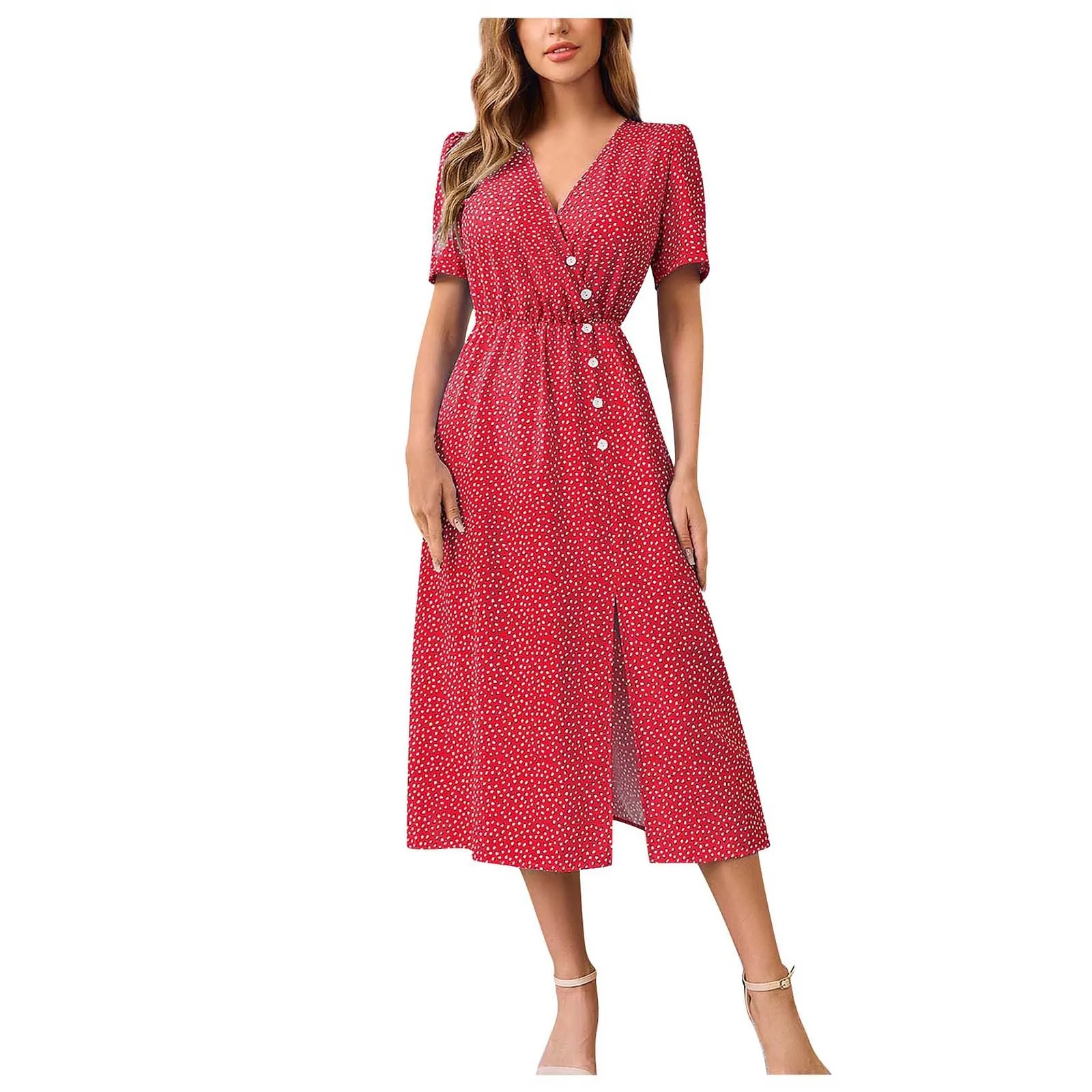 

Женская свободная юбка-трапеция с V-образным вырезом и коротким рукавом, платье в горошек с цветочным принтом, платья для женщин 2023, женское длинное модное платье