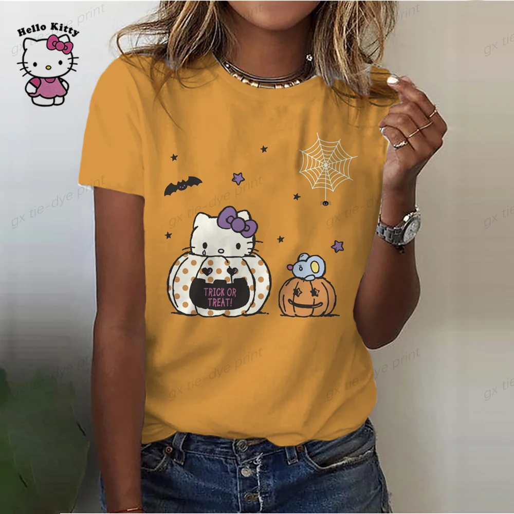 thumbnail image 1 of Camiseta de manga corta informal para mujer, con estampado de dibujos animados de Hello Kitty, para verano, 1 of 5