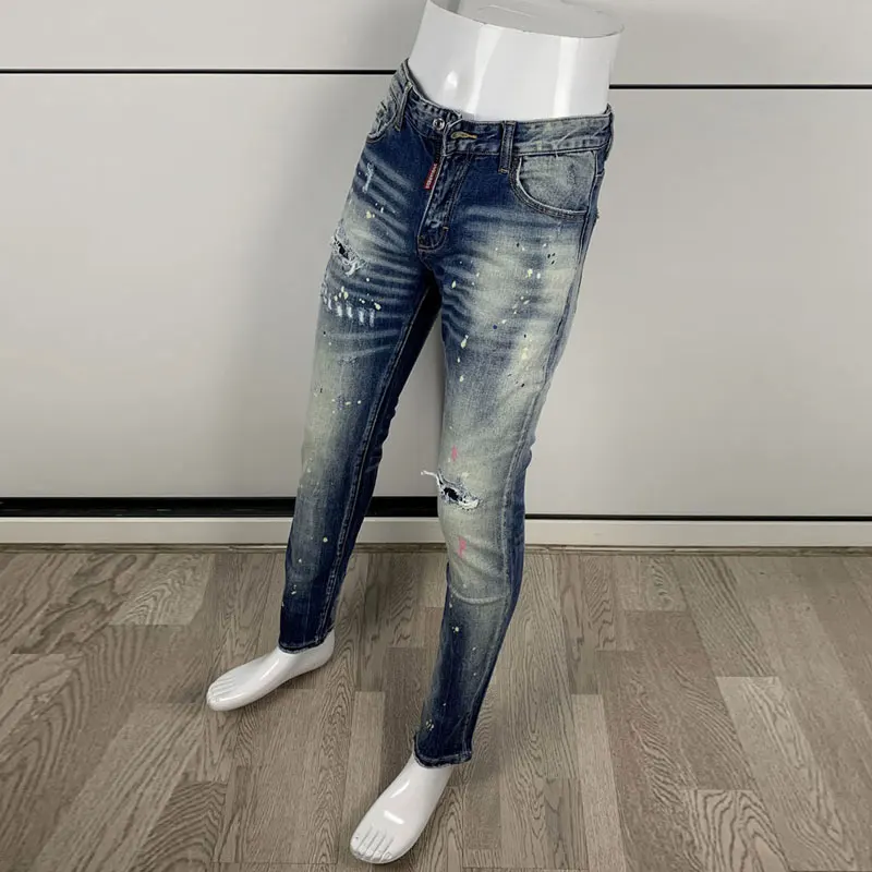 Street Fashion Men Jeans High Quality Retro Washed Blue Stretch Slim Fit Ripped Jeans Men Painted Designer Hip Hop Brand Pants