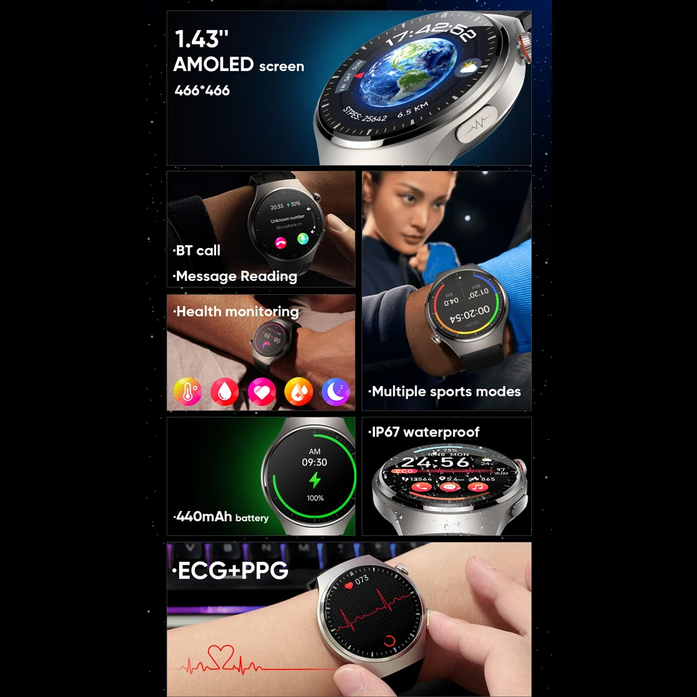 Huawe SmartWatch ������� ��� ������ �ð�, AMOLED ECG + PPG, ��ħ���� ����, �������� ��ȭ, 1.43 ��ġ