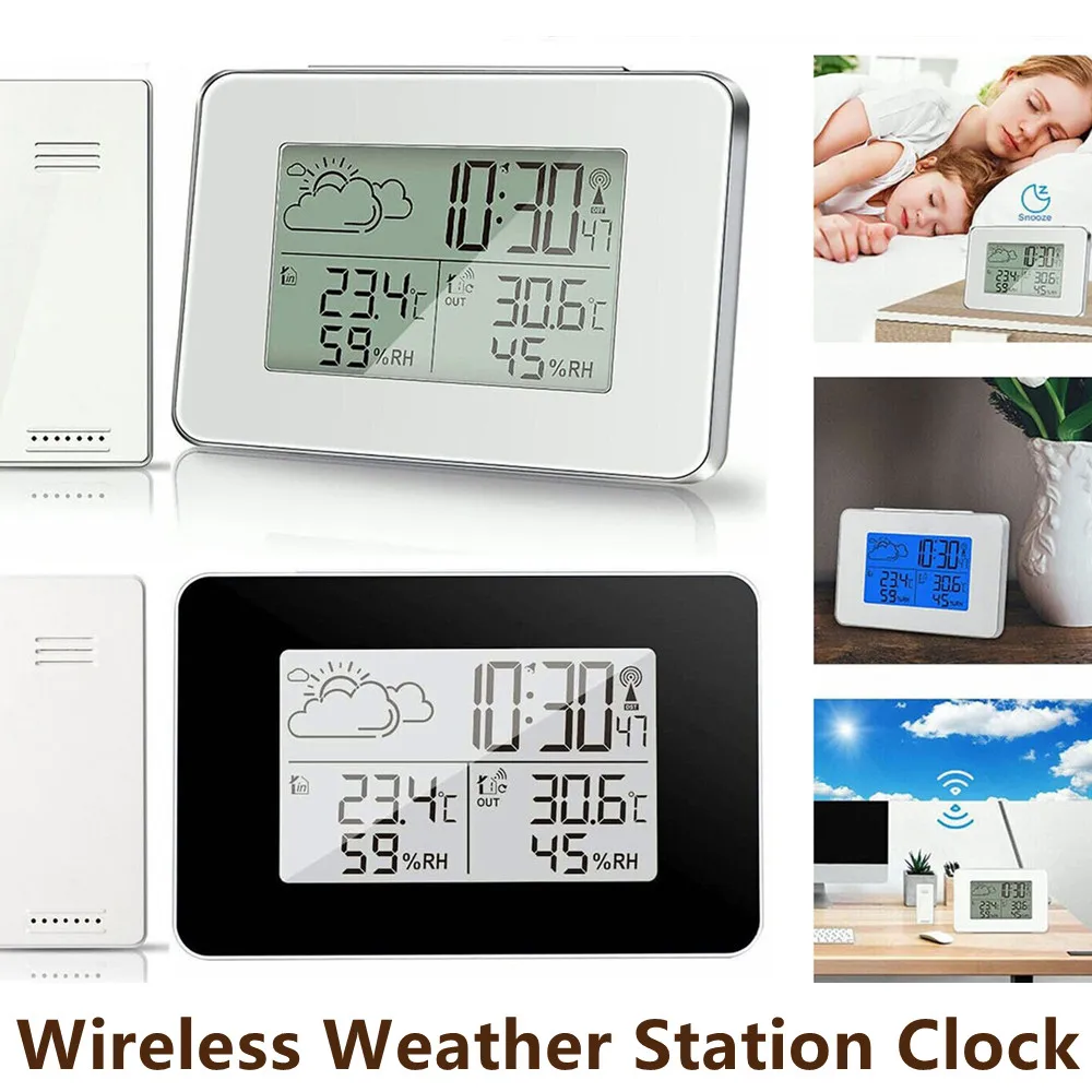 

LCD Digital Alarm Clock Wireless Sensor Indoor & Outdoor Temperature Humidity Forecast Snooze Table Clocks Weather Station Clock