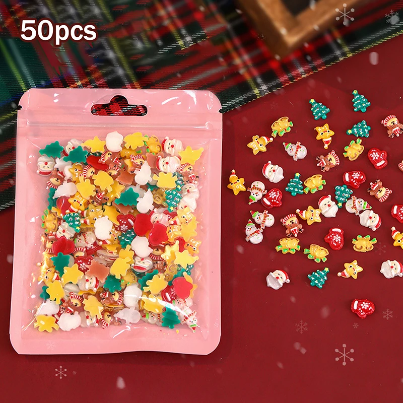 50Pcs Cute Christmas Series Resin Nail Charms - Santa Claus Snowman Reindeer Nail Art Decorations, DIY Manicure Accessories