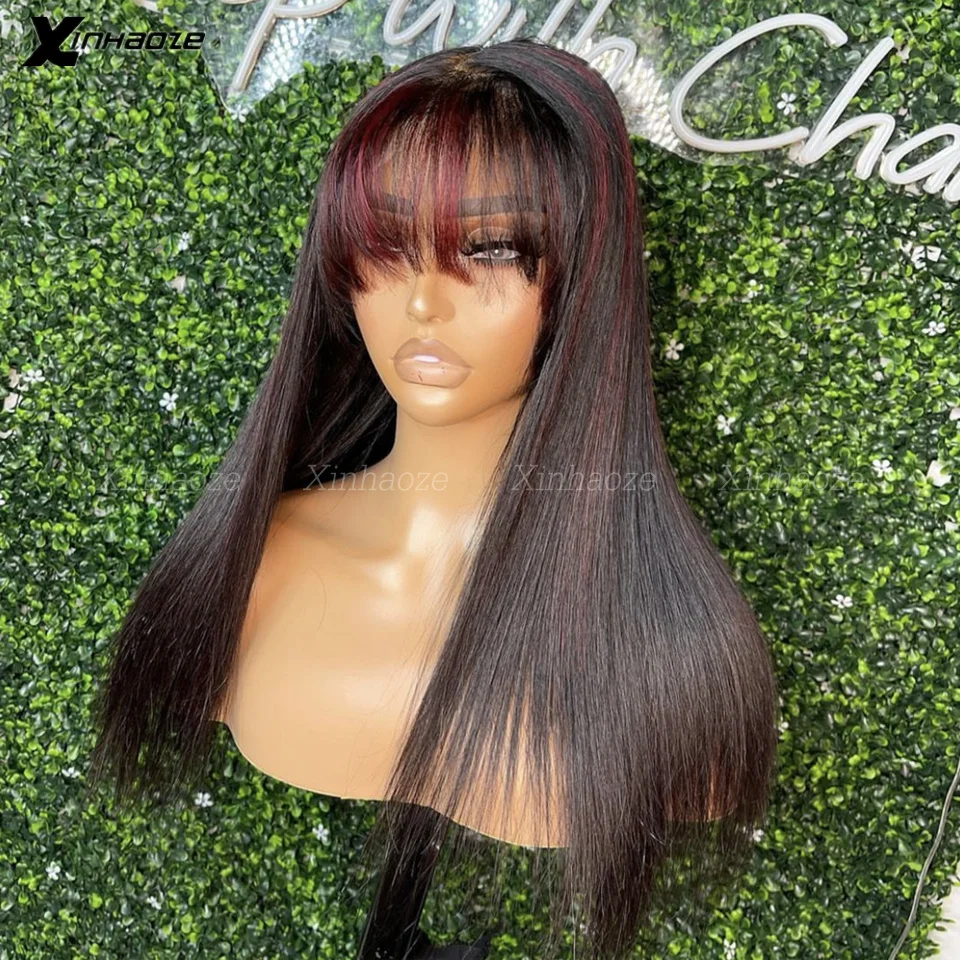 ハイライトオンブル色ストレート13 × 6レースフロント人毛ウィッグ前髪