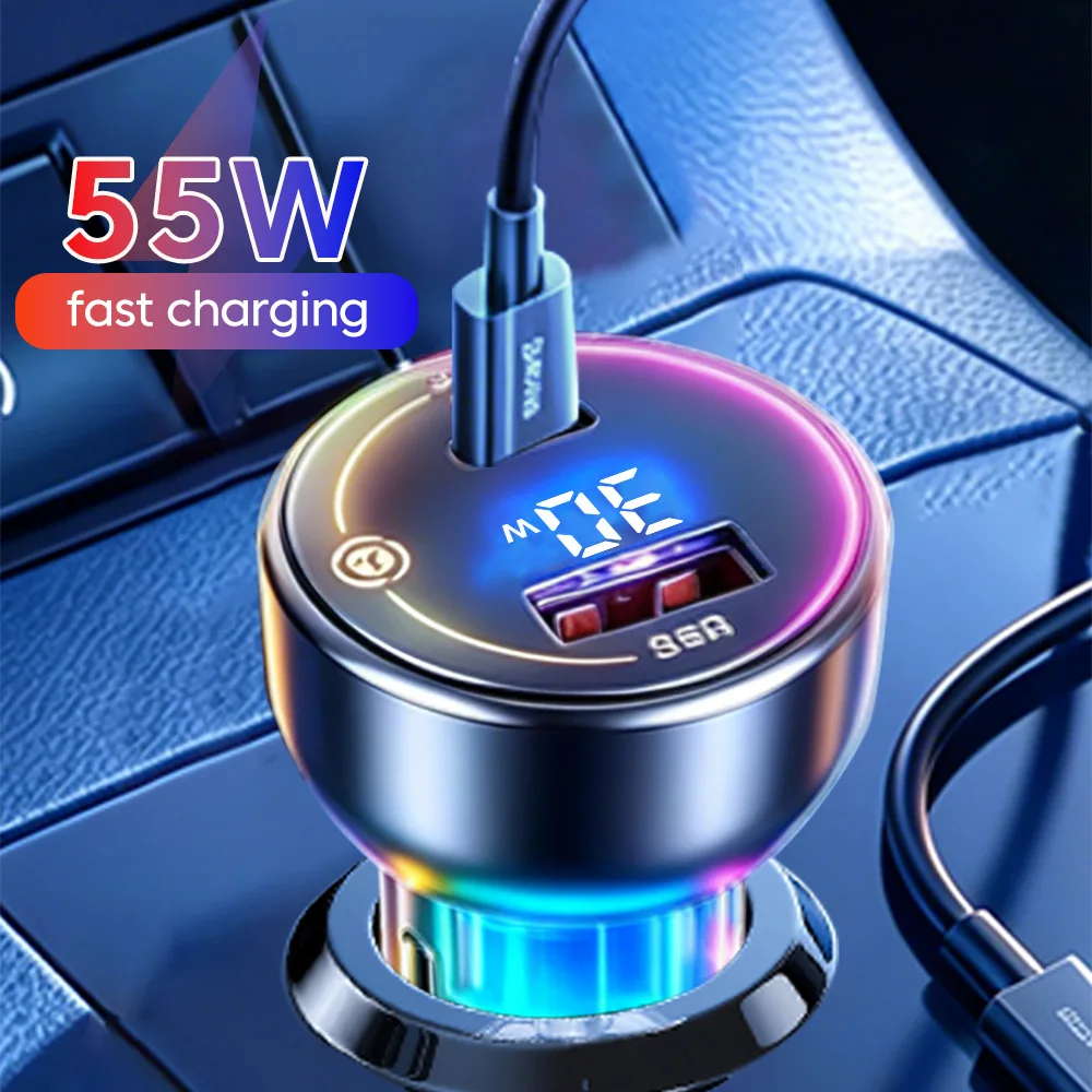 Caricabatterie da auto a 2 porte 55W USB Type-C con ricarica rapida PD30W QC per iPhone 15 16 17 Samsung Huawei Xiaomi