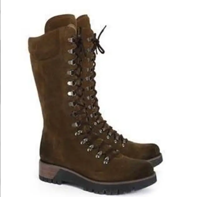 Winter Fashion Women's Mid-Calf Boots Round Toe High suede boots Lace-Up Side Ladies Boots Comfortable Non-Slip Motorcycle Boots