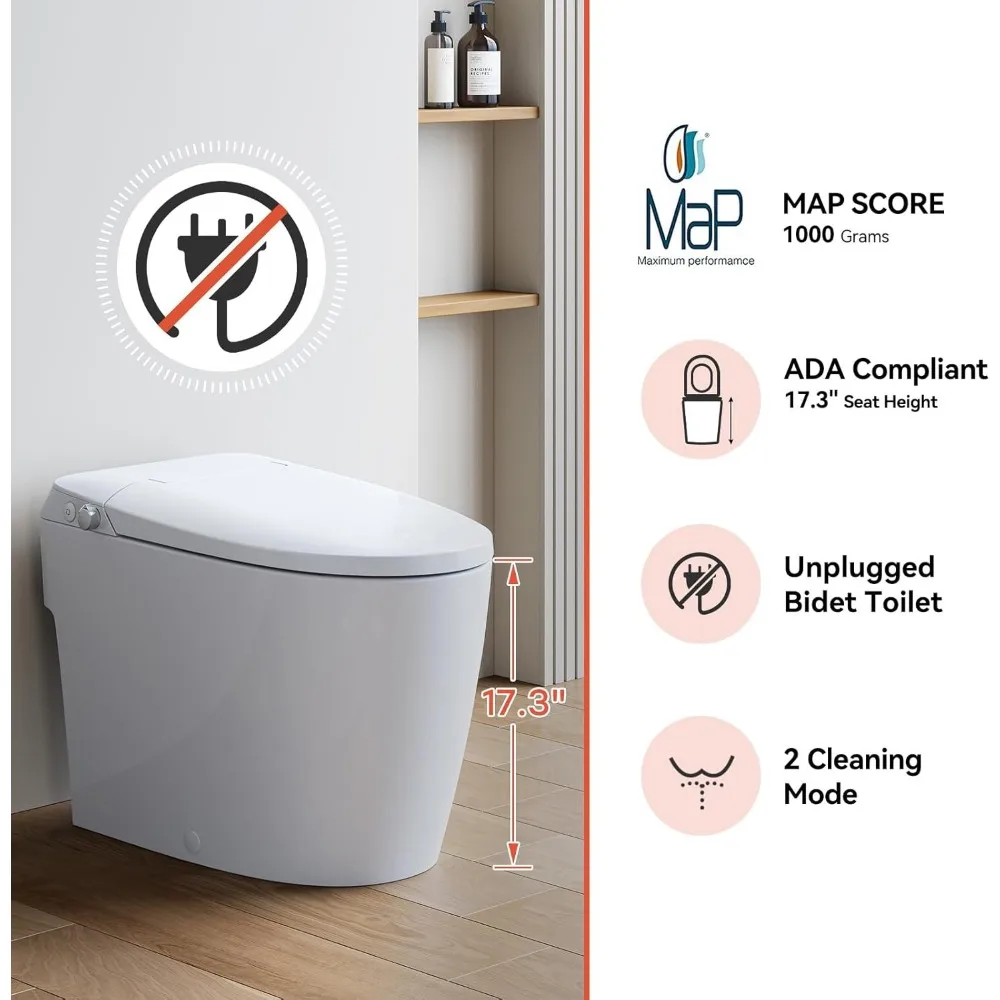 Non-electric Smart Bidet Toilet with Dual Bidet Nozzles Cleanse, Smart Toilet Built-in Pump for Power Flush,Map Flush 1000 Grams 3