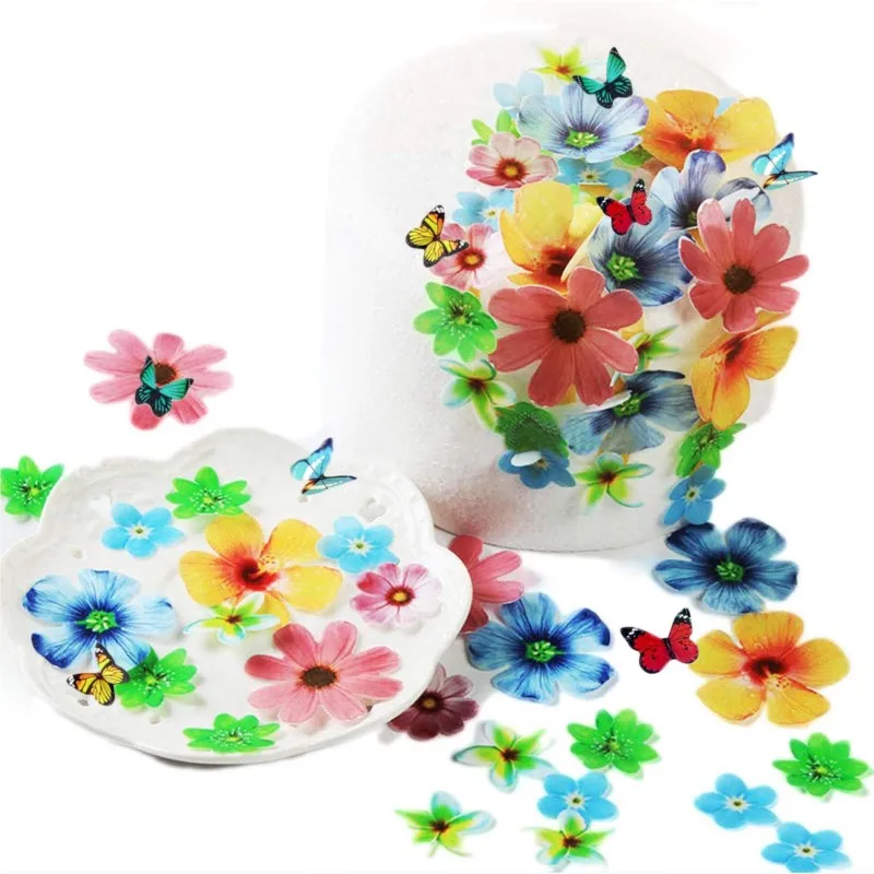 Edible Flowers Cake Decorations Set of 54 Wafer Flowers Cupcake Toppers Wedding Cake Party Food Decoration Mixed Size & Colour