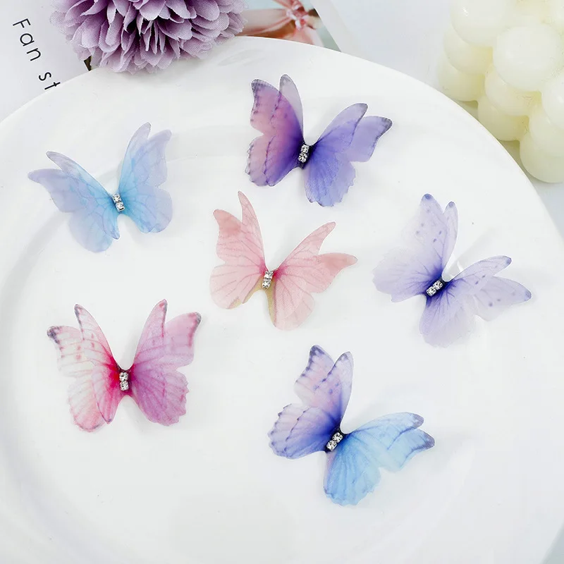 Double-Layer Accessories Butterfly With Diamond Thin Gauze Women's Headdress Clothing Accessories Mesh Small Butterfly 50PCS, craft supplies