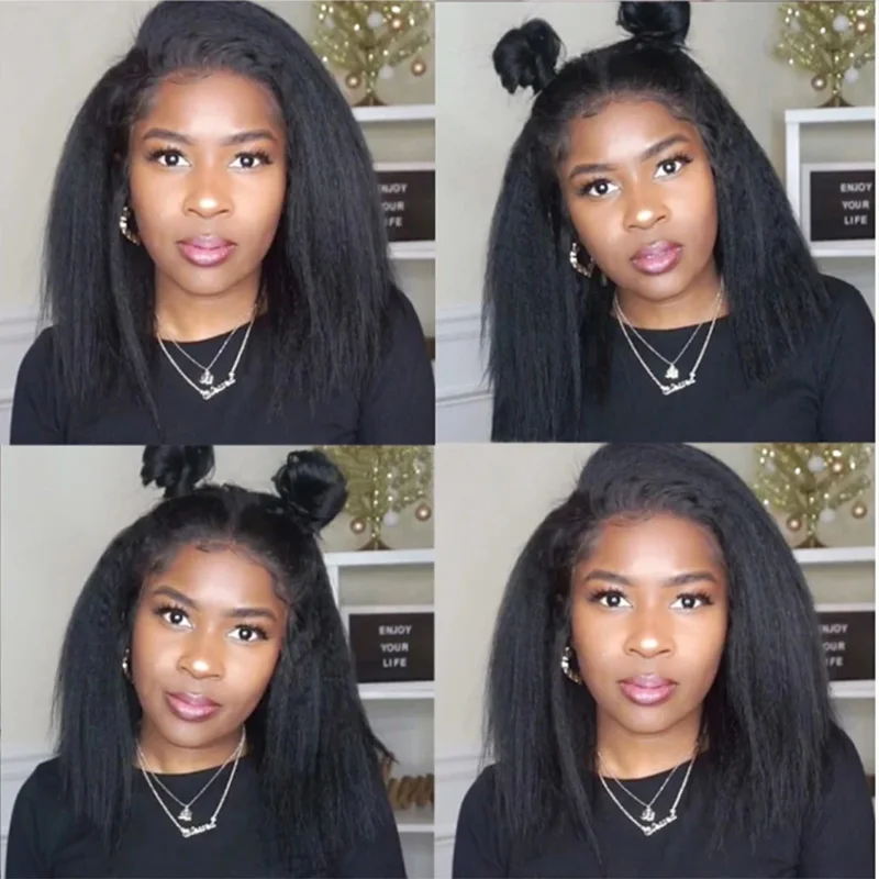 Soft Yaki Preplucked Side/Middle Part Black Color Short 16Inch 180Density Kinky Straight 13x4 Lace Front Wig Synthetic