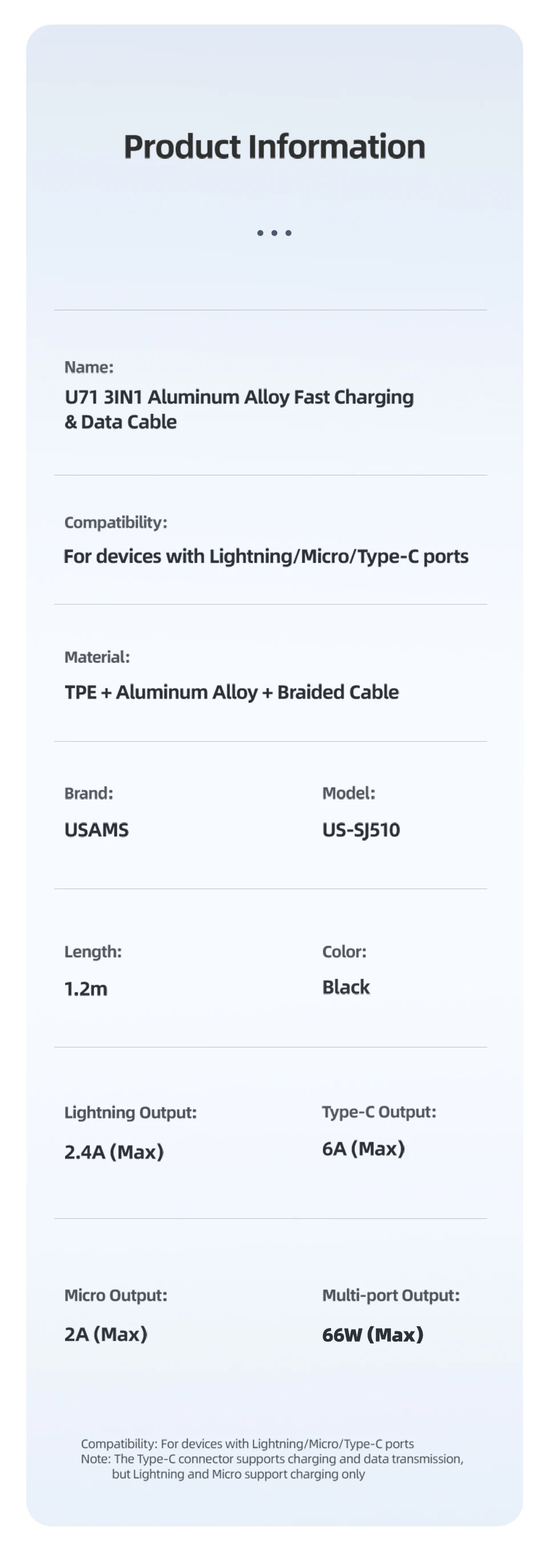type of android charger USAMS 100W 6A 3 in 1 Cable USB A C To Lightning Type C Cable QC PD Fast Charge Cable For iPhone 13 12 11 Pro Max Huawei Xiaomi charger type for android