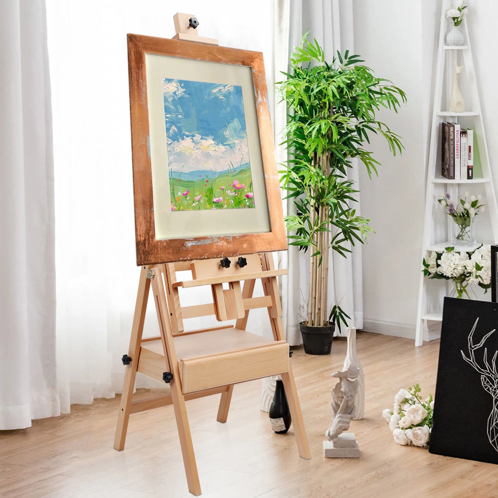 H Frame Easel, French Easel with Casters, Solid Beech Wood Easel, Painting Canvas Holder Stand, Tilts Flat Artist Height