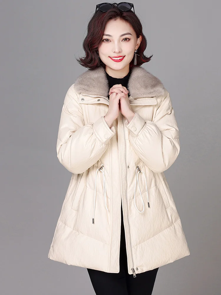 New Women Sheep Leather Down Coat Winter Casual Fashion Thicken Mink Fur Collar Drawstring Loose Medium Leather Down Jacket