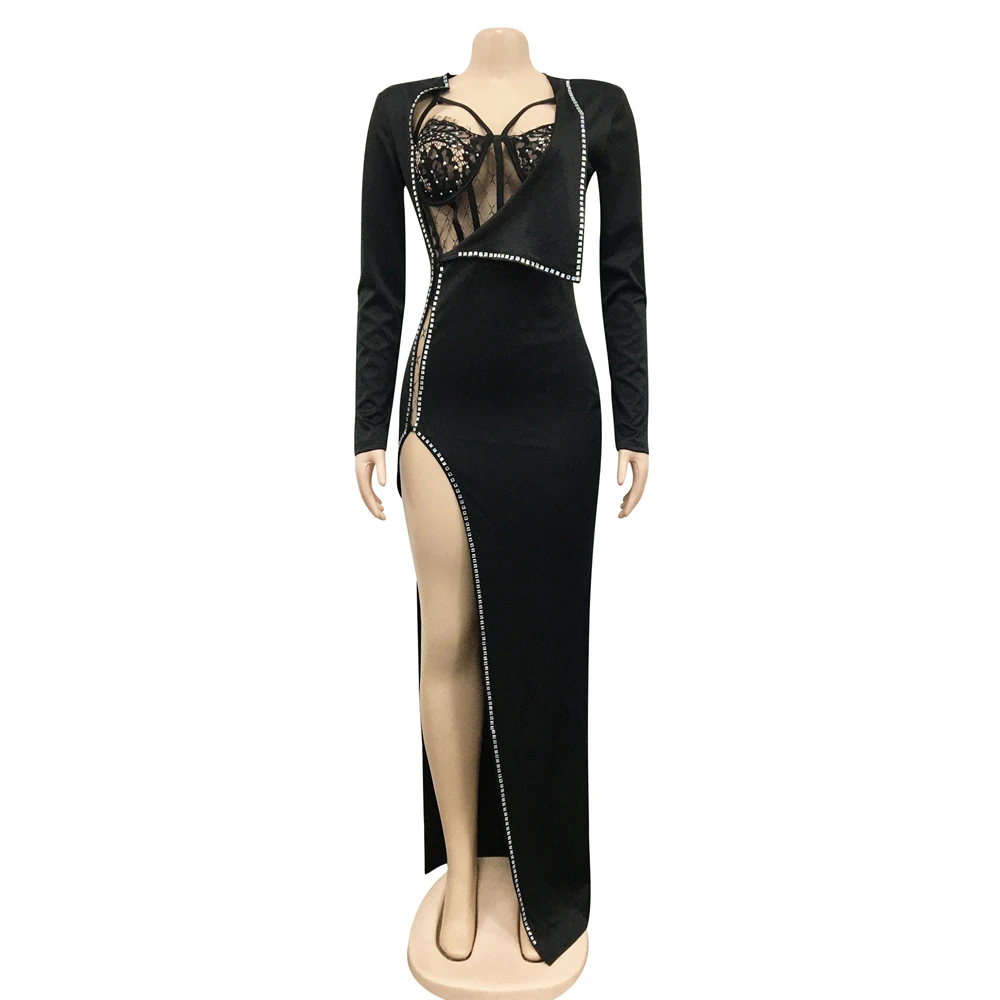 iDress Beautiful Crystal Corset Maxi Dress 2 Pieces Elegant Rhinestone Underwear Lace Bodysuit Long Sleeve Cut Out Slit Gown - Image 5