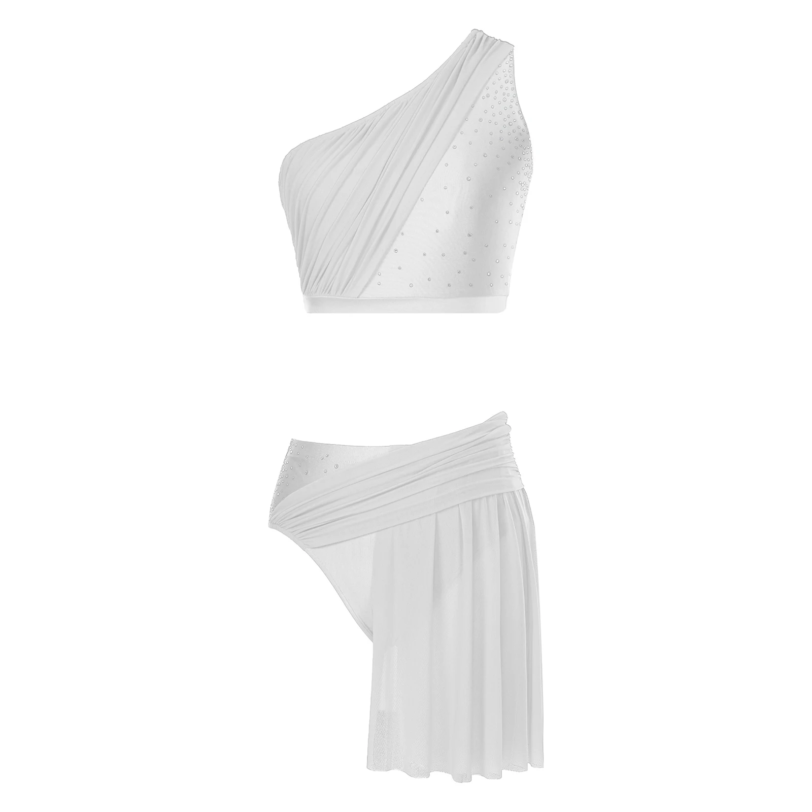 thumbnail image 1 of Traje de danza lírica de Ballet para patinaje artístico y gimnasia con diamantes de imitación para mujer, Top corto fruncido con falda dividida, trajes superpuestos de baile, 1 of 5