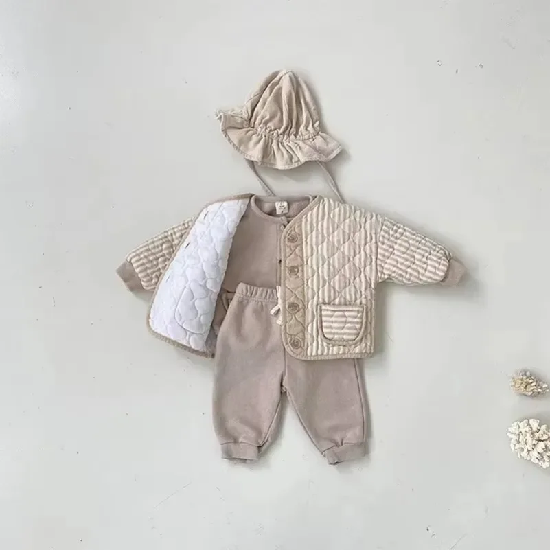 Baby Jacket Korean Baby Kids Vintage Rhombus Double Layer Jacket Autumn Winter Boys Girls Cotton Padded Parka Children Warm Quilted Coat