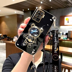 Reno5lite Crossbody Lanyard Plating Silicone Stand Case for OPPO A55 4G (LSXXGS Black)