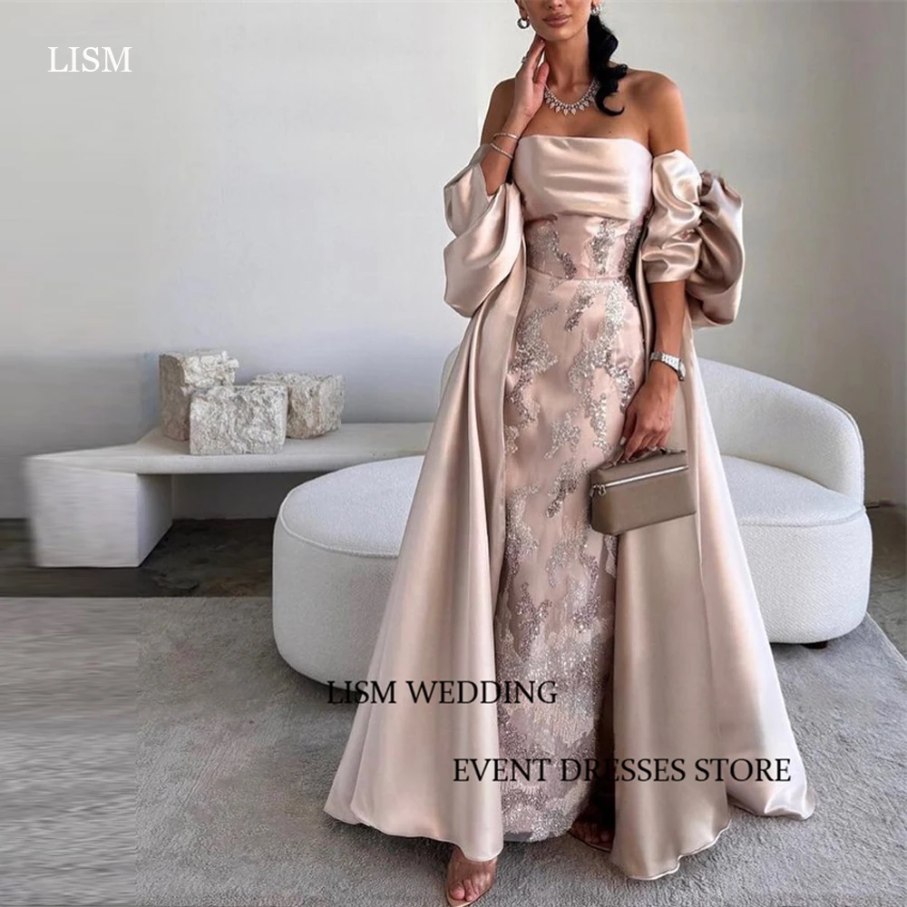 

LISM Elegant Saudi Arabic Women Evening Dresses Long Coat Lace Satin Strapless Ankle Length Prom Gowns Formal Party Dress