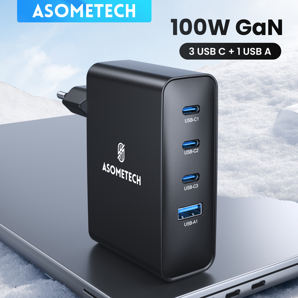 ASOMETECH 100W USB Charger GaN Charger for Macbook Laptop Fast Charging for Samsung Xiaomi USB Type C PD Charge for iPhone 15 14