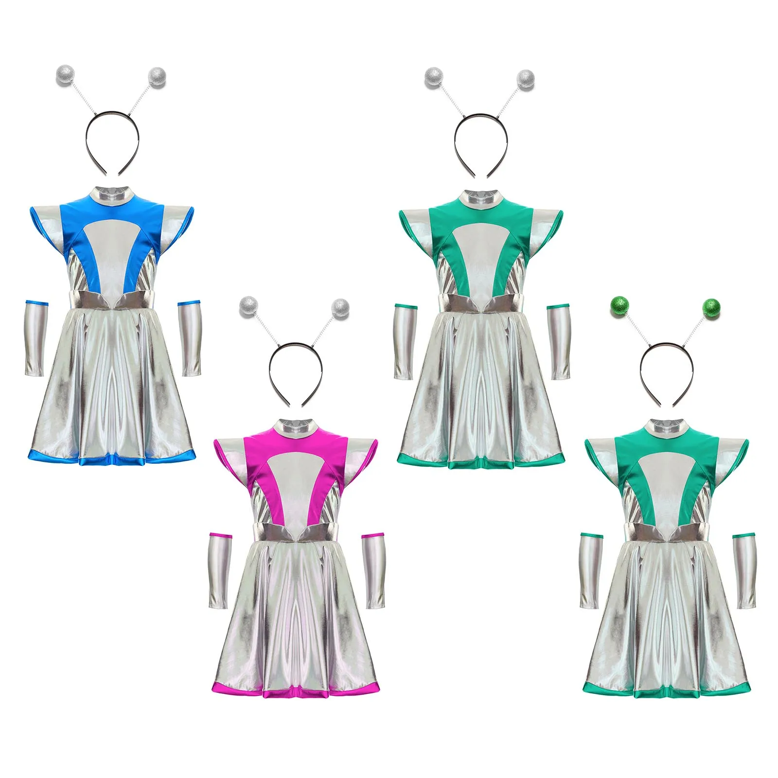 Girls Alien Costume Outer Space Cosplay Suit Metallic Sleeveless Dress with Arm Sleeve Hair Hoop Halloween Space Man Outfit