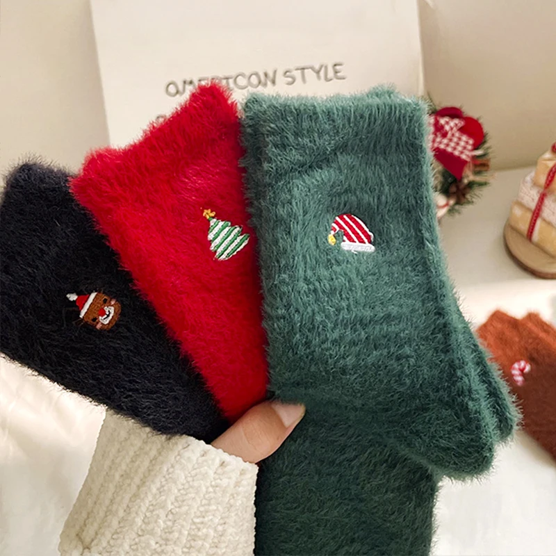 Cartoon Pattern Faux Mink Velvet Socks For Women Winter Soft Fleece Plush Warm Home Sleep Socks Christmas Furry Thermal Socks