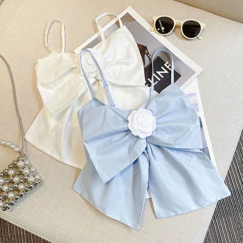 

Майка для девочек, детская одежда, Новинка лета 2024, однотонный мягкий короткий топ без рукавов с большим бантом и цветами, милая свежая стильная принцесса