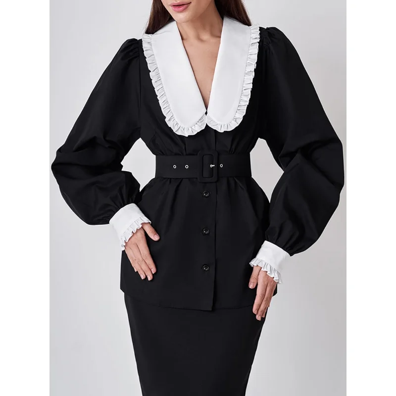 

Black and White Contrast-Color Ruffled Large Lapel French Retro Shirt New Autumn Fashion Tops Yy18