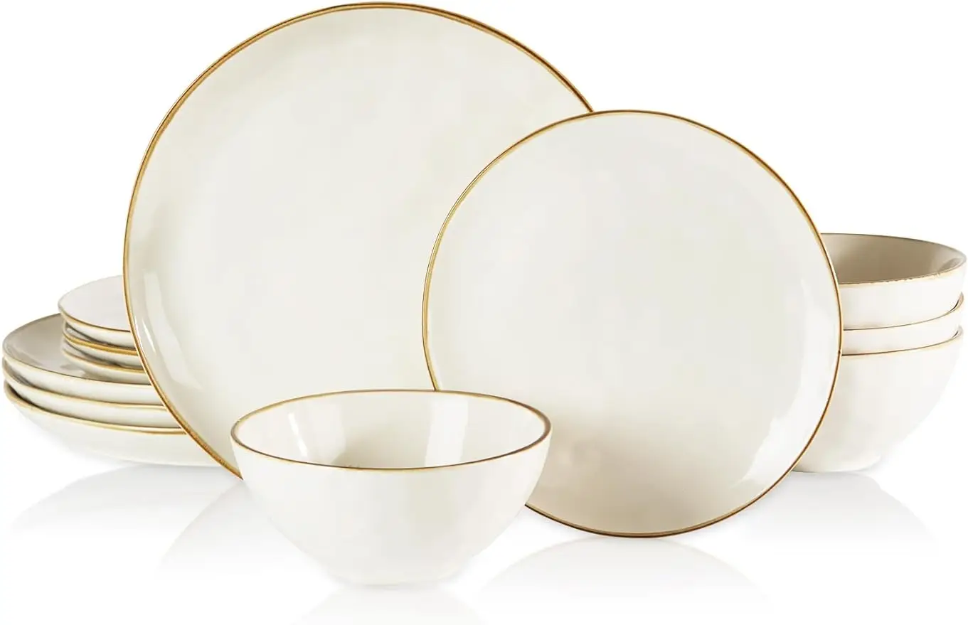 

Famiware Dinnerware Sets for 4 Ocean Round 12-Piece Kitchen Plates and Bowls Sets Microwave and Dishwasher Safe Scratch