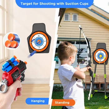 VATOS 2X Bow Arrow + Guns Toy For Kids LED Light Up Archery with Suction Cup Stand Target Dart Board Indoor Outdoor Game Toys 2