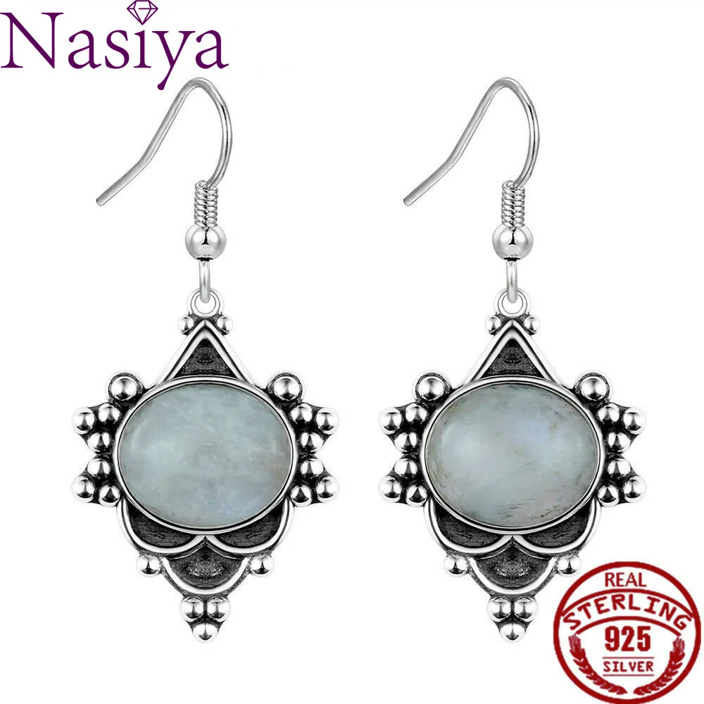 

Boho Silver Earrings Oval Natural Moonstone Drop Earring Gemstone Jewelry Women Drop Dangle Hook Earrings Wholesale