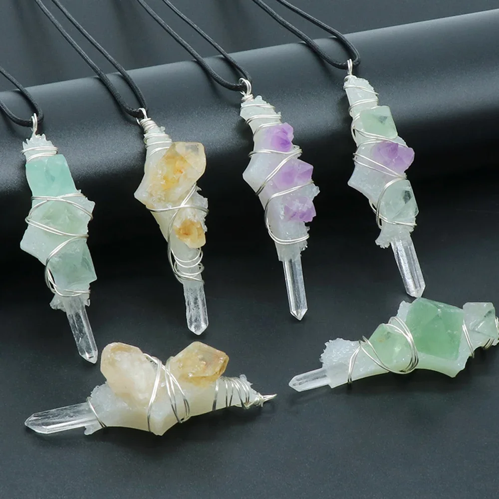 3PCS Reiki Healing Crystal Natural Stone Clear Quartz Original Stone Pillar Resin Winding Pendant Necklace Charm Necklaces