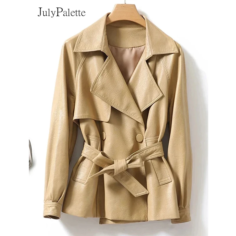 

Julypalette Fashion Short Real Sheepskin Leather Jackets&Coats 2022 Fall Winter Women Lace-up Lapel Long Sleeve Leather Outwear