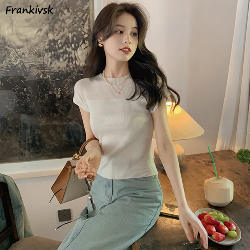 

Однотонные женские эластичные Простые универсальные модные облегающие футболки для отдыха в стиле Харадзюку Милая дышащая уличная одежда летние топы в Корейском стиле