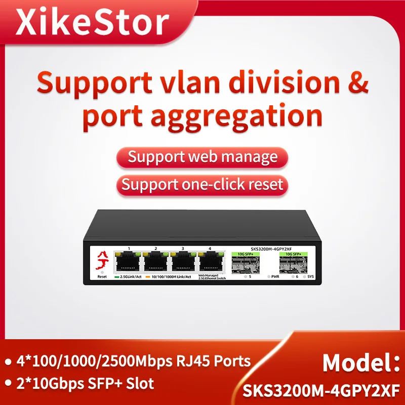 XikeStor 6 Port L2 Managed 2.5G Switch with 4 2.5G RJ45 & 2 10G SFP+ Ports for Web Management VLAN Division Port Aggregation