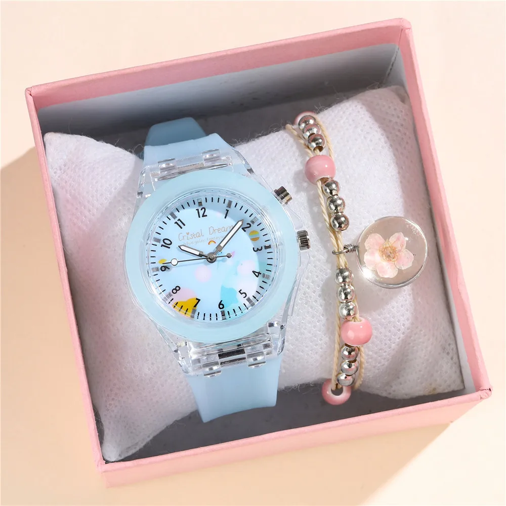 Children Watches Glow at Night Quartz CLOCK Silicone Band Cute Girls Primary School Wristwatch With Bracelet 4
