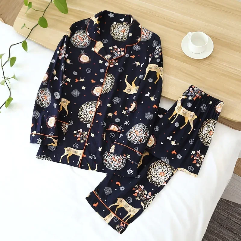 

Pajama Viscose And Long-sleeved Two-piece Spring Sleepwear Cotton Home Autumn Clothes Trouser Suits Set Women for