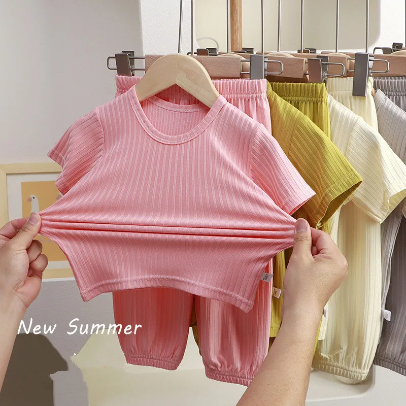 2Pcs Kids Ribbed Short Sleeve Pajama Set, Toddler Boys Girls Solid Color Sleepwear, Children's Soft Cotton Short Set for Summer
