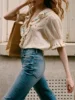 Women's Flower Embroidery Blouse Top Lace Stitching Ruffled V-Neck Puff Sleeve Casual Female Shirt