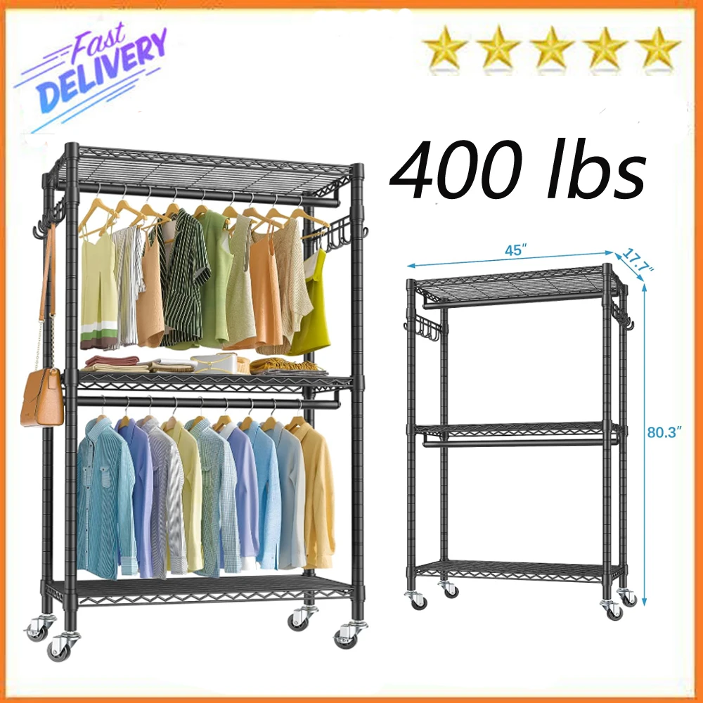 

VIPEK V12 Heavy Duty Rolling Garment Rack 3 Tiers Adjustable Wire Shelving Clothes Rack with Double Rods and Side Hooks,
