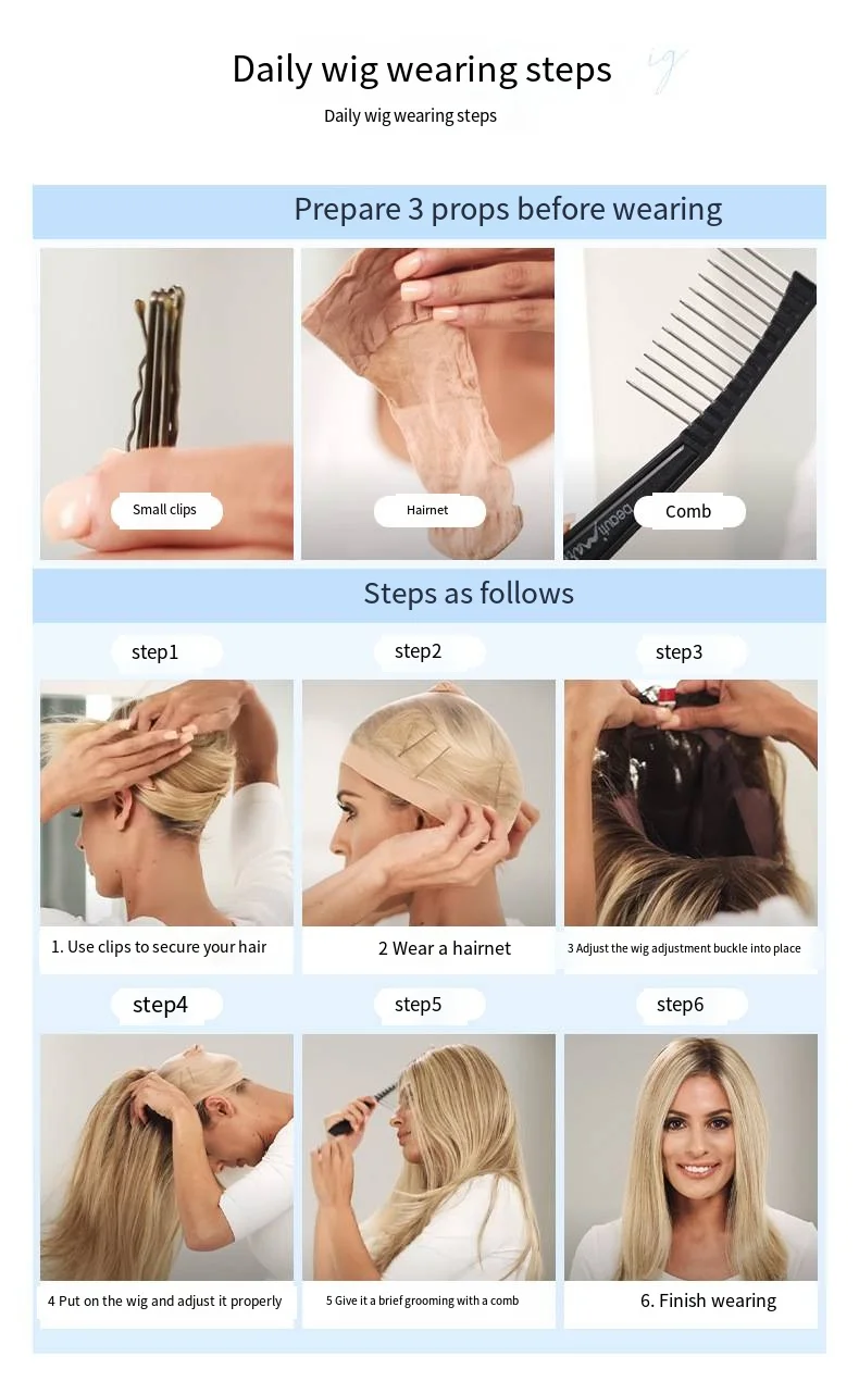 Pilt juhendab mehi, kuidas kanda sirgete juustega parukat, kasutades klambreid, võrkmütsi ja kammi. Taust on neutraalne tonaalsus, rõhutades paruka paigaldamise samme, milles osalevad heledad parukad ja erinevad juukseaksessuaarid.