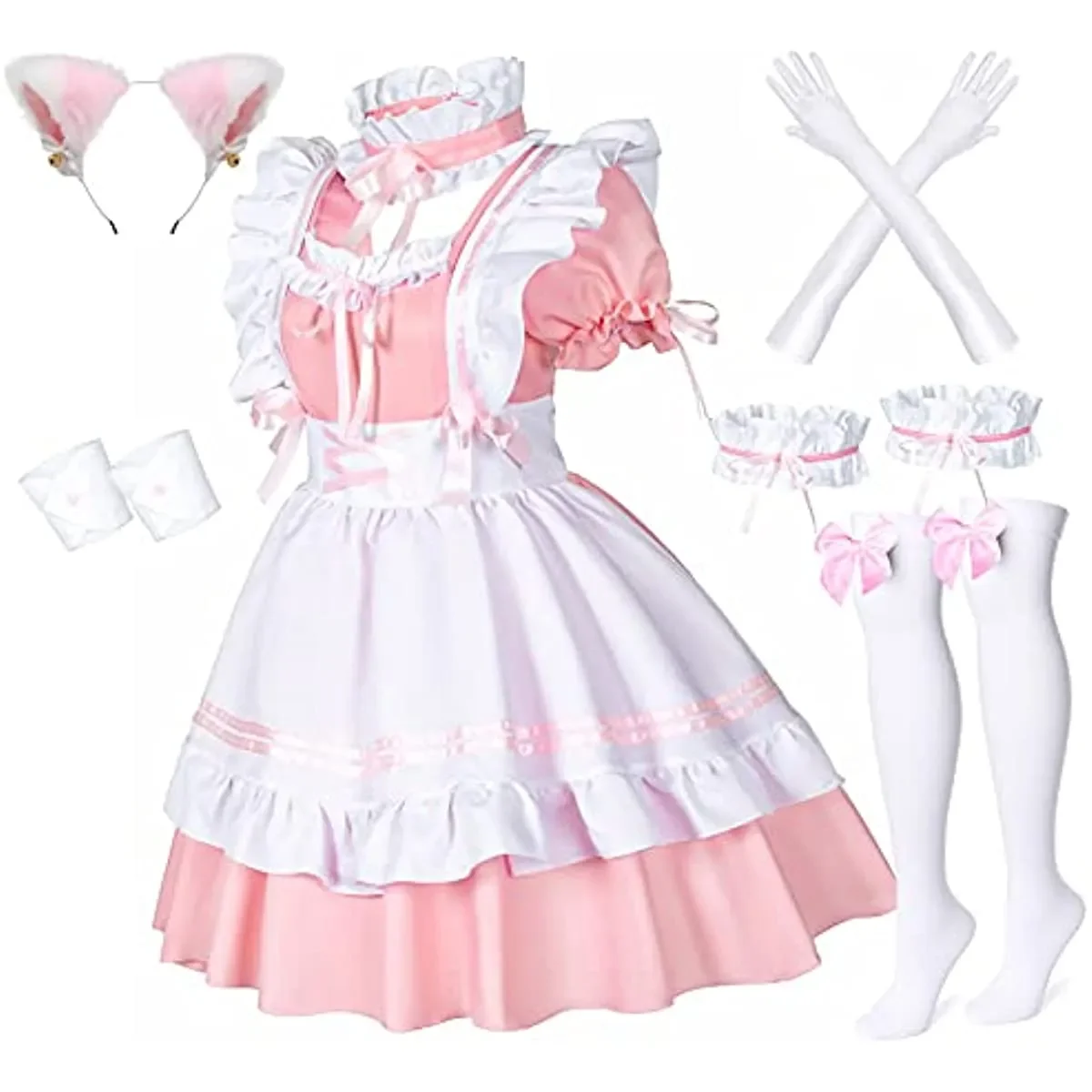 

Anime French Maid Apron Lolita Fancy Dress Cosplay Costume Furry Cat Ear Gloves Socks Set