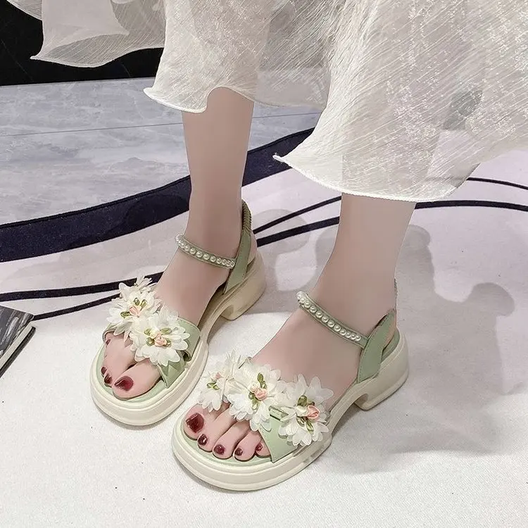 First Bloom Platform Sandals For Women Flower Pearl Chain Ankle Strap Elastic Back Thick Sole Summer Walking Shoes_vogvips.com