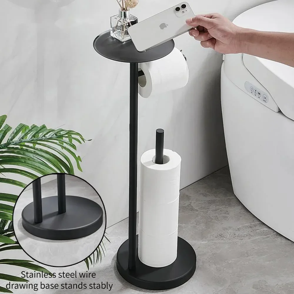 Floor Standing Toilet Paper Holder With Shelf Storage Stainless Steel Black Roll Paper Dispenser Bathroom Organization