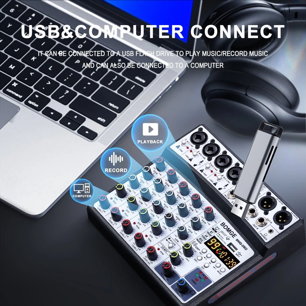 Professional 4 6 channels 99DSP Audio mixer BT Recording Mixing Console USB Interface Sound Card 48V PC MP3 DJ Recording audio mixer