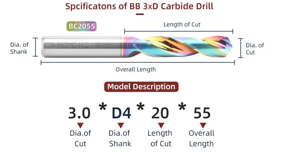 BB Interner kühlender Hartmetallbohrer 3xD 3,0 mm-12,1 mm Durchmesser DLC CNC-Hochvorschubbearbeitung für Aluminiumkupfer BC2055 – Detail 2